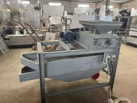 Máquina descascaradora de almendras en fábrica.